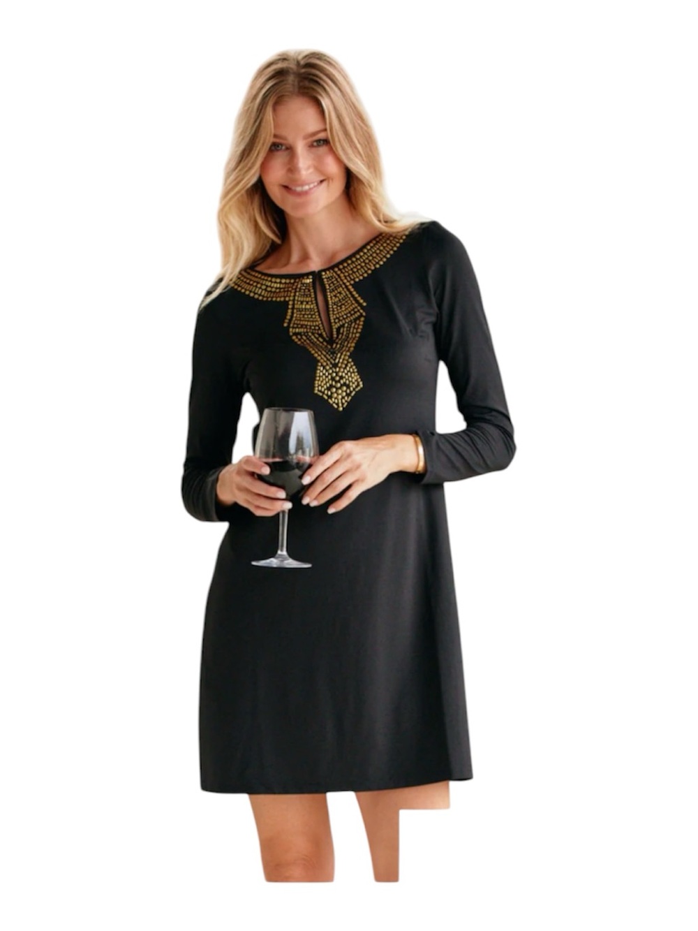 Cabana Life Black Long-Sleeve Dress with Gold Embellished Neckline - Picture 3 of 10